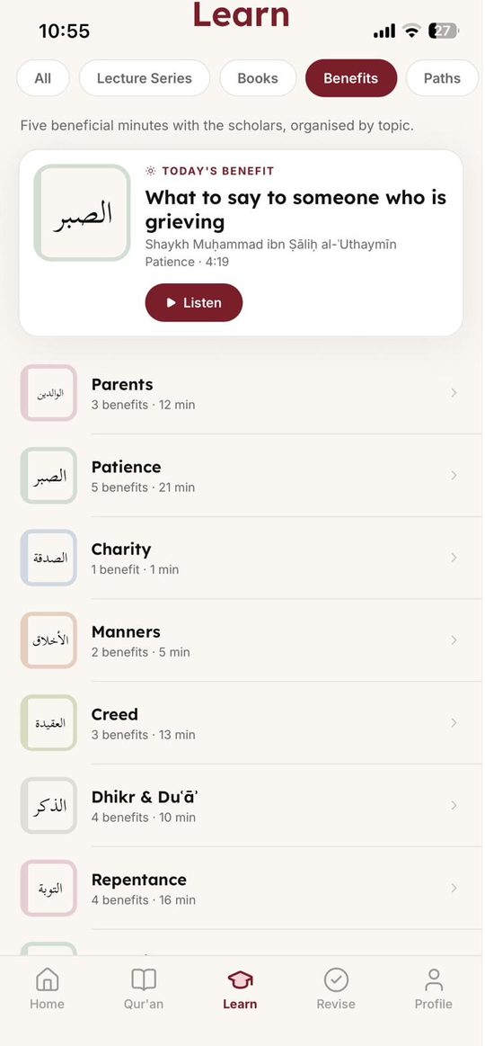 Daily benefits organised by topic: parents, patience, charity, manners, creed